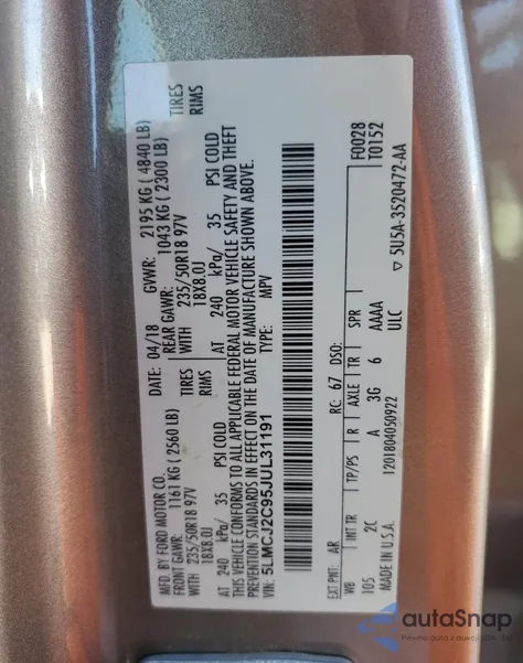 2018 Lincoln Mkc Select z USA, uszkodzony, nr VIN 5LMCJ2C95JUL31191